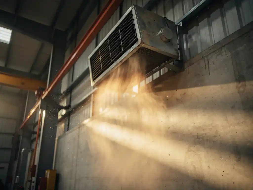 Industriële gasgestookte luchtverwarmer hoog op magazijnmuur, warme luchtstroom zichtbaar in gouden werkplaatslicht met betonvloer en stalen balken.