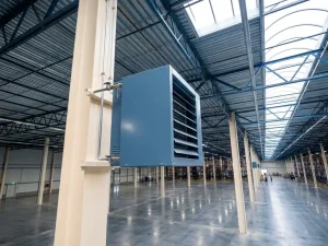 Industriële luchtverwarmer op stalen kolom in modern distributiecentrum met betonvloer, stalen dakspanten en daklichten.