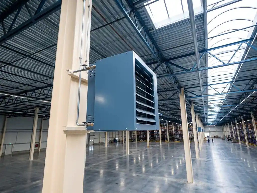 Industriële luchtverwarmer op stalen kolom in modern distributiecentrum met betonvloer, stalen dakspanten en daklichten.