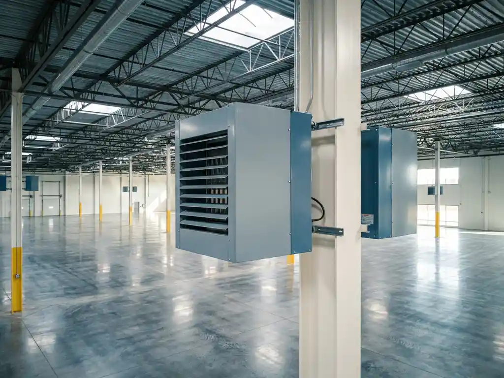 Nieuwe industriële luchtverwarmer gemonteerd op een stalen kolom in een modern distributiecentrum met betonvloer en dakramen.