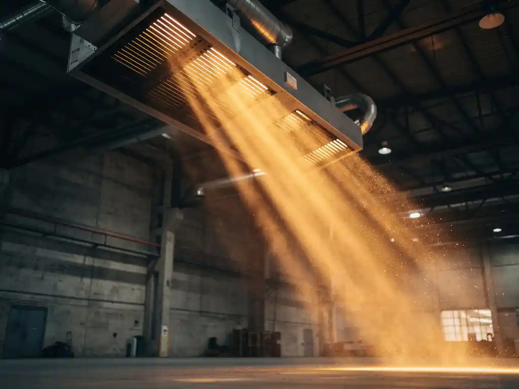 Industriële luchtverwarmer aan het plafond van een magazijn, met warme luchtstroom boven een grote fabriekshal met stalen balken.