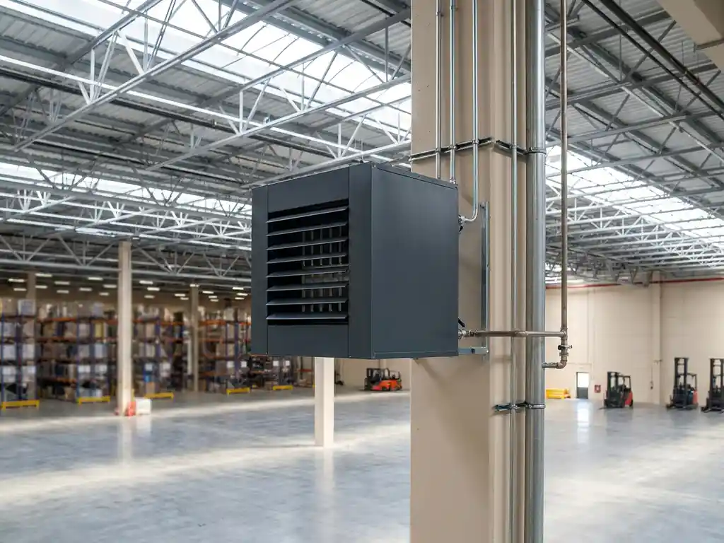 Nieuwe industriële unit heater bevestigd aan een stalen kolom in een modern distributiecentrum met betonvloer en daklichten.