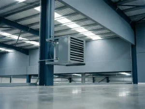 Industriële luchtverwarmer gemonteerd op een stalen kolom in een modern distributiecentrum met dakramen en betonnen vloer.