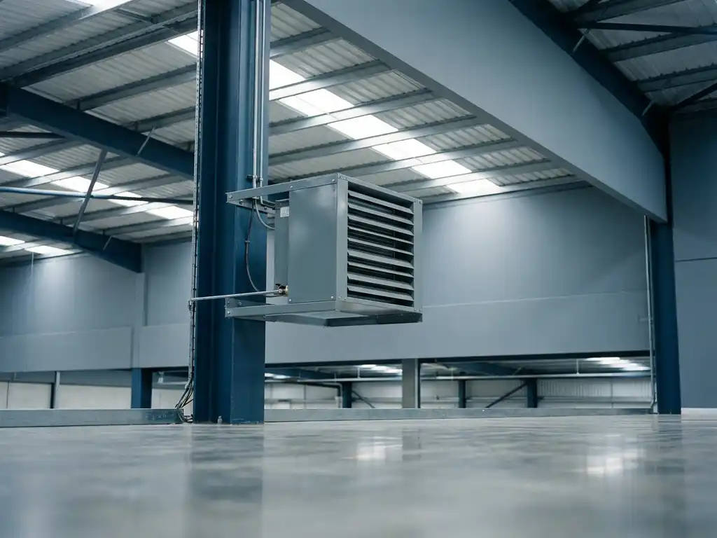 Industriële luchtverwarmer gemonteerd op een stalen kolom in een modern distributiecentrum met dakramen en betonnen vloer.