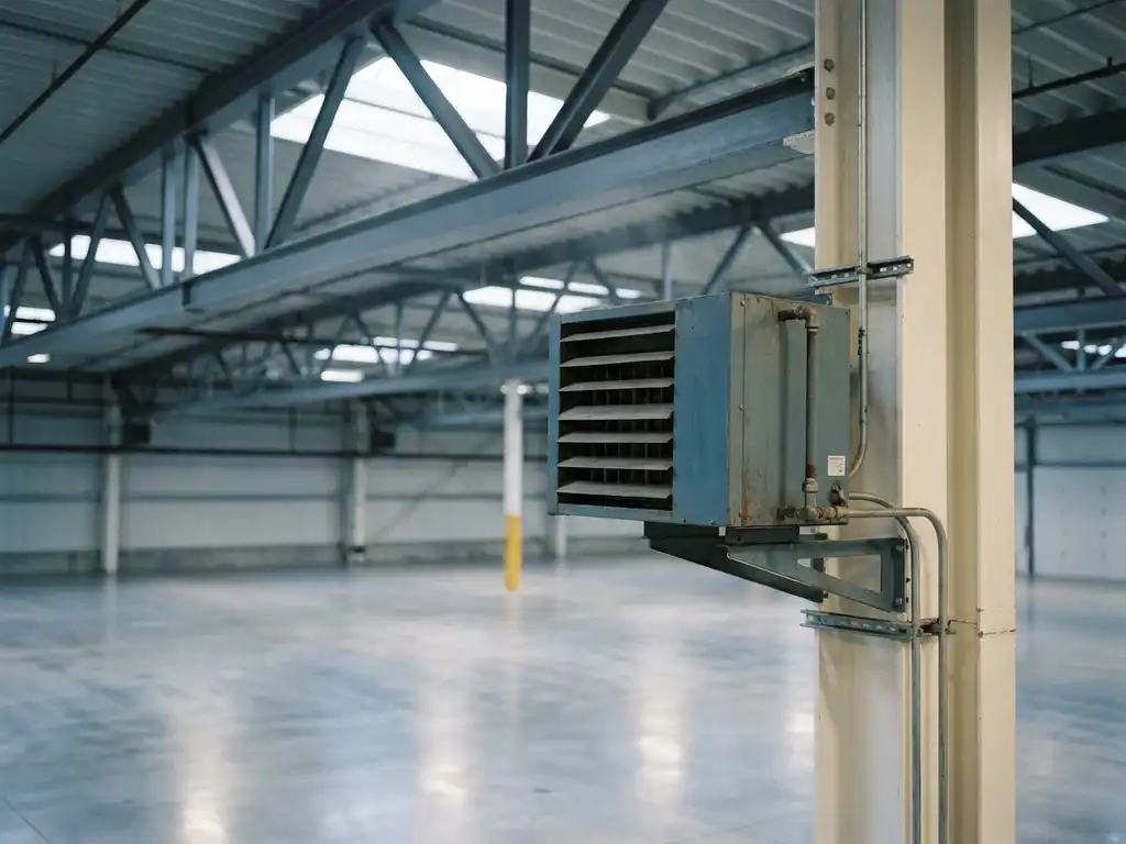 Industriële unit heater gemonteerd op stalen kolom in distributiecentrum met betonvloer en dakramen.