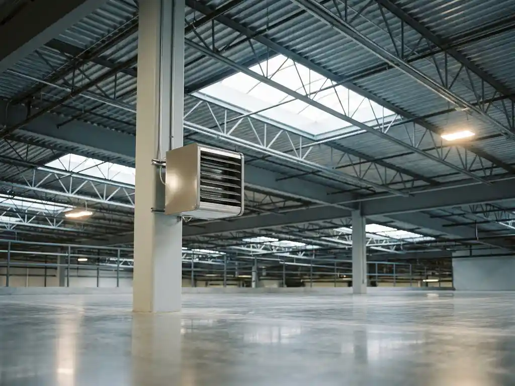 Industriële unit heater gemonteerd op een stalen kolom in een modern distributiecentrum met betonvloer en dakramen.