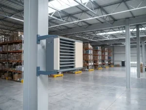 Industriële unit heater gemonteerd op een stalen kolom in een modern distributiecentrum met betonvloer en daglicht via dakramen.