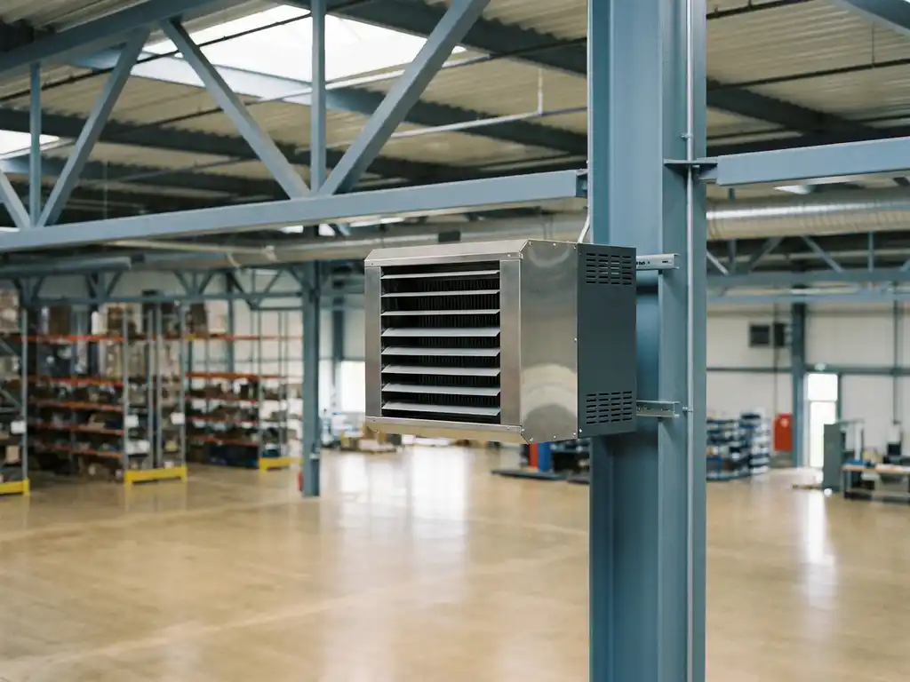 Infrarood unit heater gemonteerd op een stalen kolom in een modern distributiecentrum met betonnen vloer en daklichten.