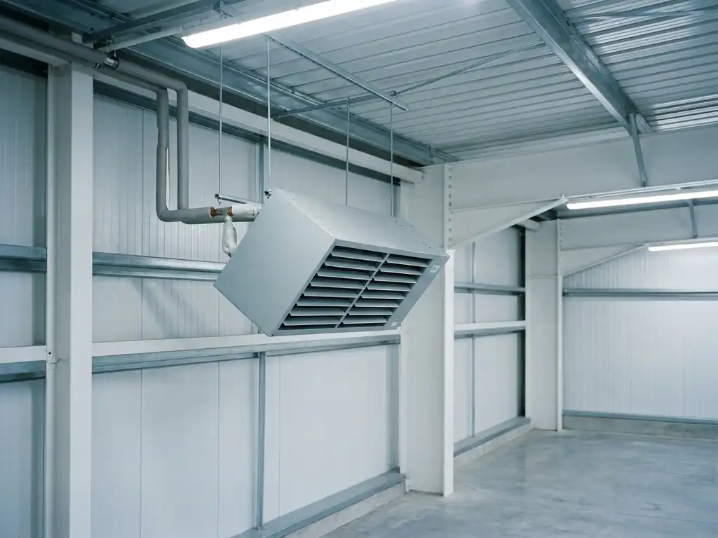 Lichtgrijze unit heater opgehangen aan stalen gordingen onder een golfplaten dak, met neerwaartse luikerrooster en pijpaansluitingen bovenop.
