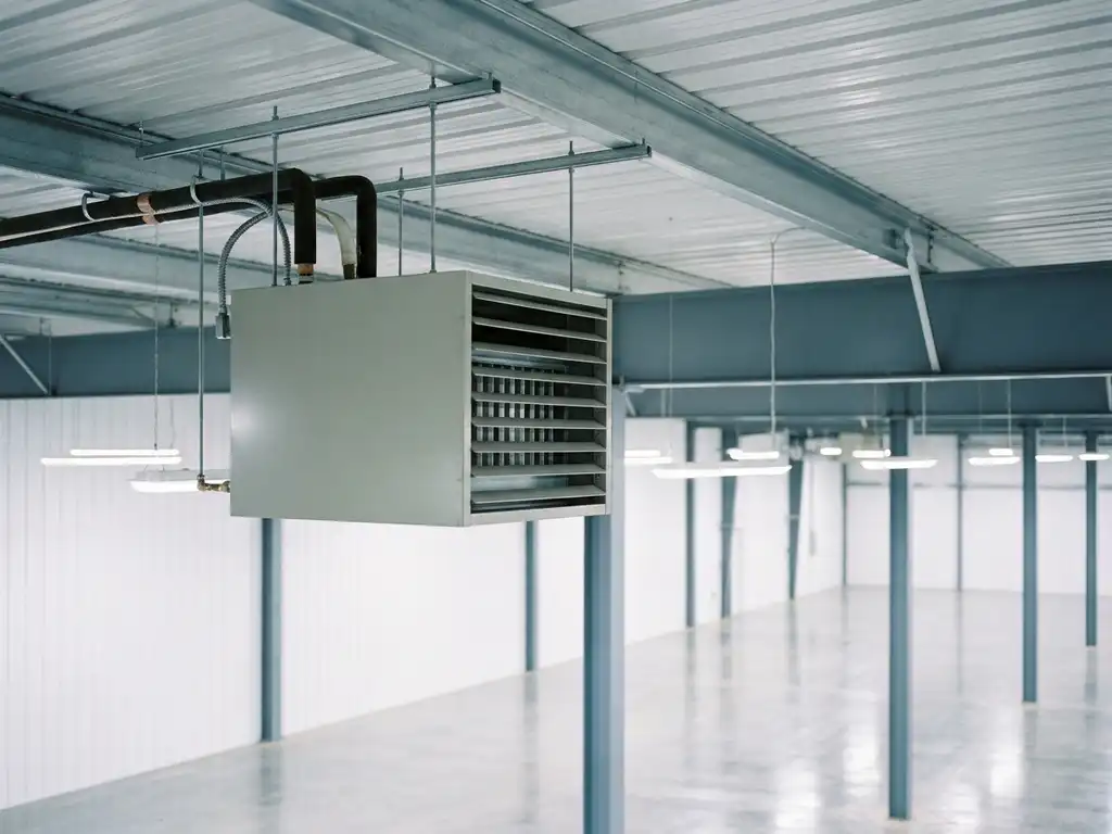 Lichtgrijze luchtverwarmer hangend aan staalconstructie, met geribbeld metalen plafond, neerwaartse uitblaasrooster en pijpaansluitingen bovenop.