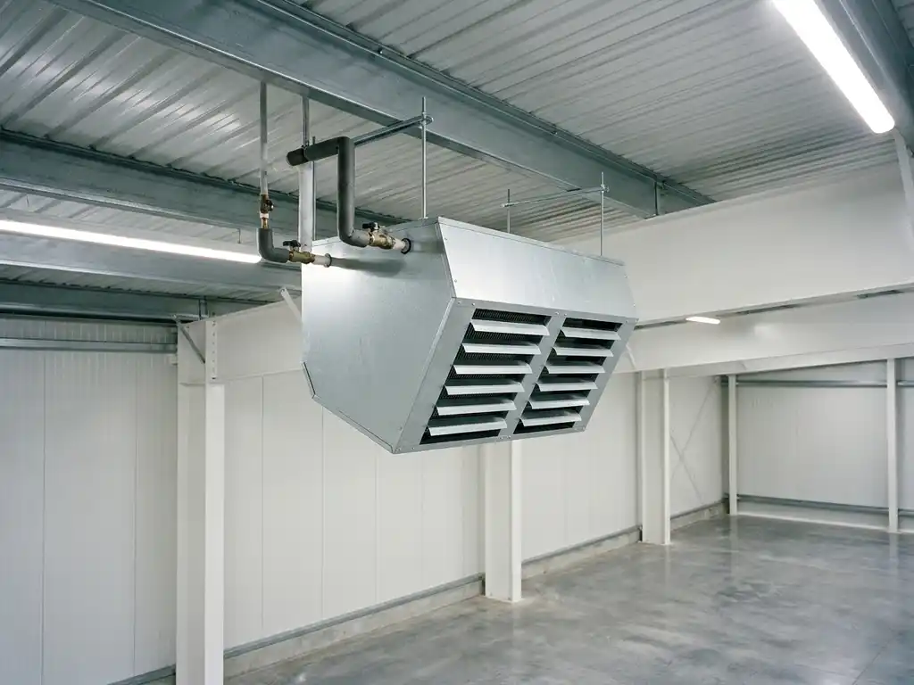 Lichtgrijze luchtverwarmer opgehangen aan stalen gordingen bij een golfplafond, met neerwaartse lamellengrill en leidingaansluitingen bovenop, in een industriële ruimte.