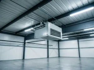 Lichtgrijze luchtverwarmer hangend aan stalen gordingen bij een golfplaten plafond, met geribbeld uitblaasrooster en bovenste pijpaansluitingen in industrieel magazijn.