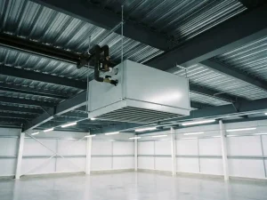 Lichtgrijze luchtverwarmer opgehangen aan stalen spanten nabij golfplaten plafond, met geribbeld uitblaasrooster en leidingaansluitingen bovenop.