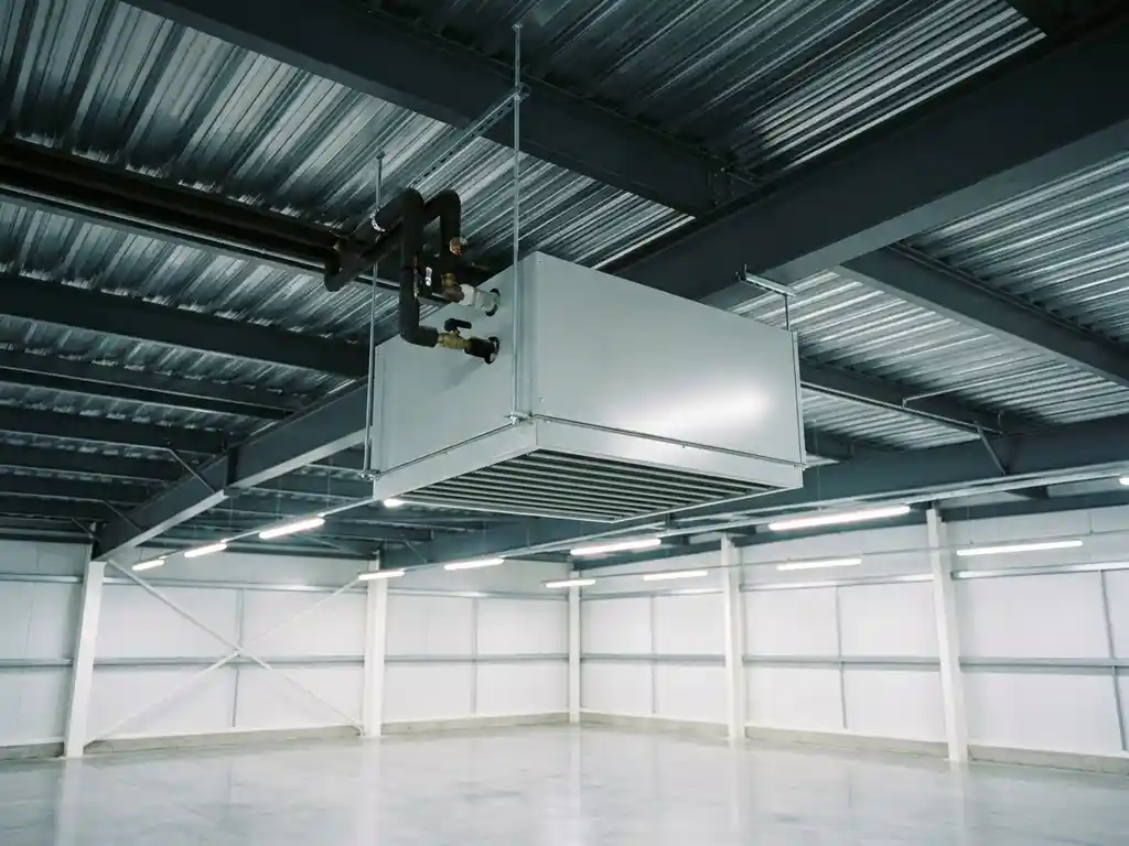 Lichtgrijze luchtverwarmer opgehangen aan stalen spanten nabij golfplaten plafond, met geribbeld uitblaasrooster en leidingaansluitingen bovenop.