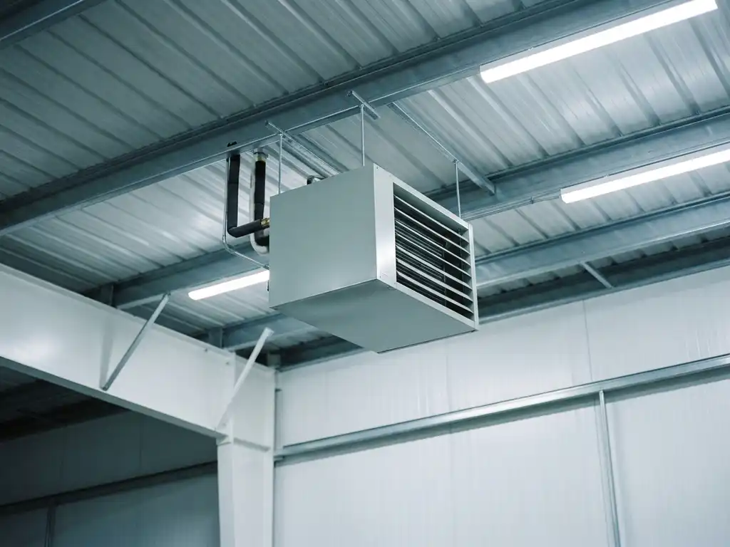 Lichtgrijze unit heater hangend aan stalen spanten nabij golfplaten plafond, met neerwaartse lamellengrill en bovenste pijpaansluitingen.