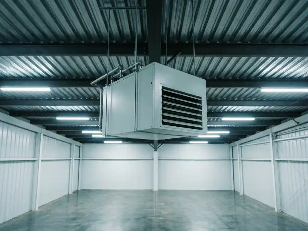 Lichtgrijze luchtverwarmer opgehangen aan stalen gordingen nabij een golfplaten plafond, met geribbeld uitlaatrooster en leidingaansluitingen.
