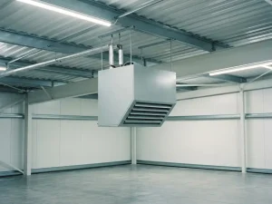 Lichtgrijze unit heater opgehangen aan stalen gordingen onder golfstalen plafond, met gelouverde uitblaasrooster naar beneden gericht.