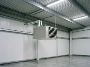 Lichtgrijze unit heater opgehangen aan stalen gordingen nabij golfstalen plafond, met gelouverd uitblaasrooster en bovenste pijpaansluitingen.