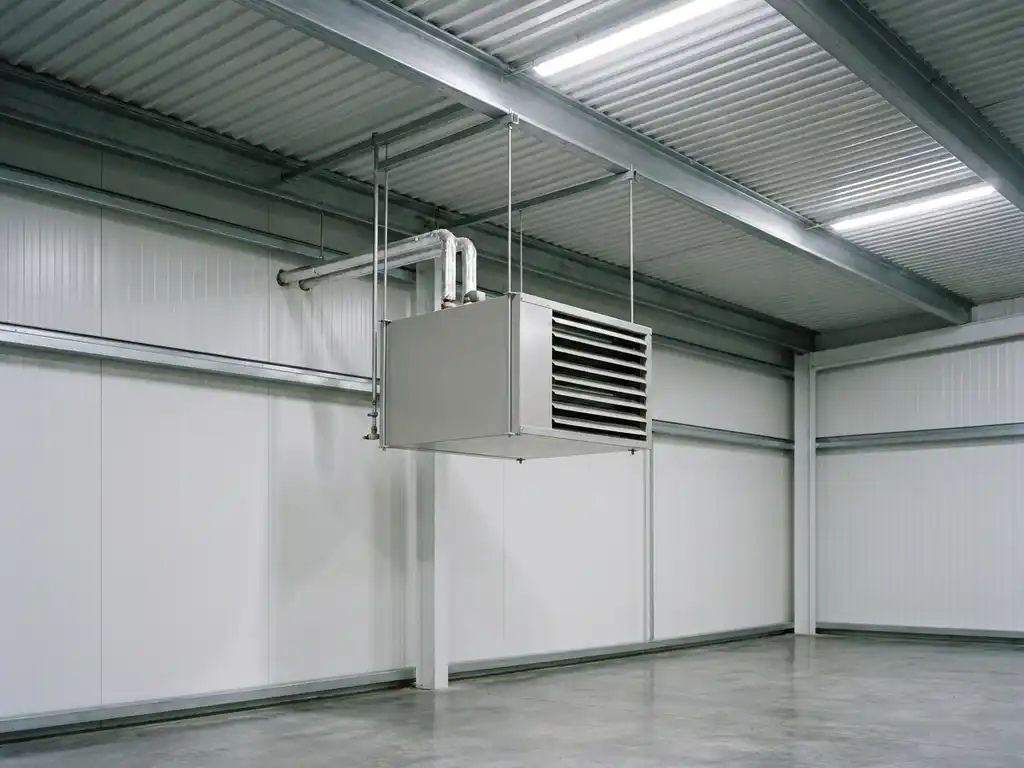 Lichtgrijze unit heater opgehangen aan stalen gordingen nabij golfstalen plafond, met gelouverd uitblaasrooster en bovenste pijpaansluitingen.