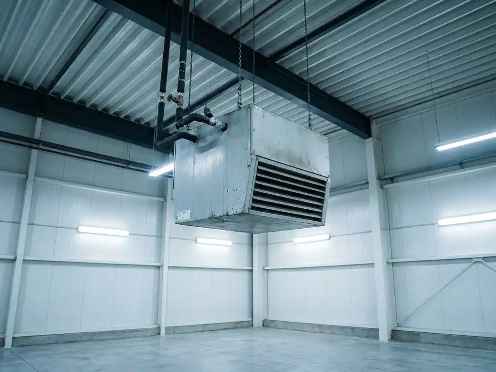 Lichtgrijze luchtverwarmer aan stalen gordingen bevestigd, met geribbeld stalen plafond, lamellengrill en pijpaansluitingen zichtbaar.