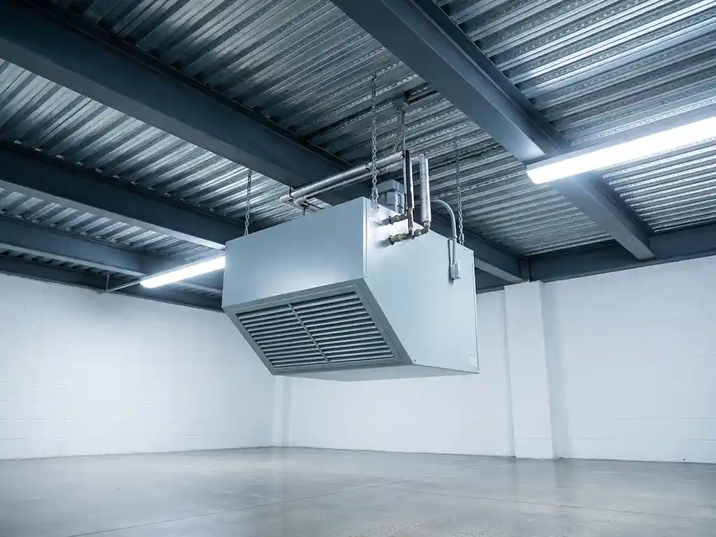 Lichtgrijze luchtverwarmer opgehangen aan stalen gordingen onder een golfstalen dak, met lamellengrill en pijpaansluitingen bovenop.