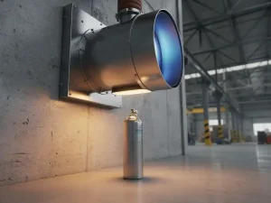 Industriële luchtverwarmer op betonnen magazijnmuur met waterstofbrandstofcilinder, blauwe waterstofvlam zichtbaar in brander.