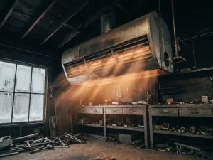 Industriële gasgestookte luchtverwarmer aan het plafond van een werkplaats, met warm oranje gloed over betonnen vloer en stalen werkbanken.