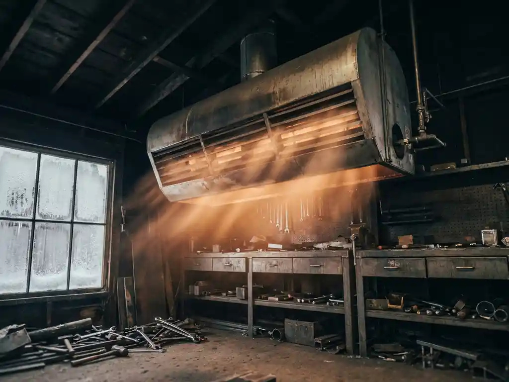 Industriële gasgestookte luchtverwarmer aan het plafond van een werkplaats, met warm oranje gloed over betonnen vloer en stalen werkbanken.
