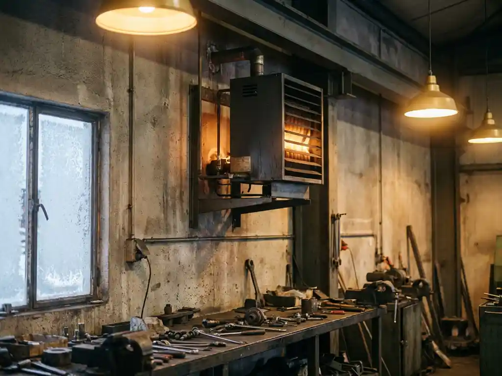 Industriële gasgestookte luchtverwarmer aan betonnen werkplaatsmuur, warmte straalt neer op gereedschapstafel met rijp op nabijgelegen raam.