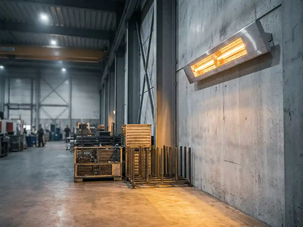 Infrarood verwarmingspaneel hoog op magazijnmuur, stralende warmte over betonnen vloer en stalen constructie in industriële ruimte.