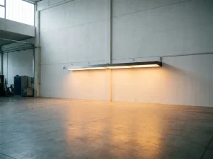 Infrarood verwarmingspaneel aan witte magazijnmuur met amberkleurige stralingsgloed op betonnen vloer.