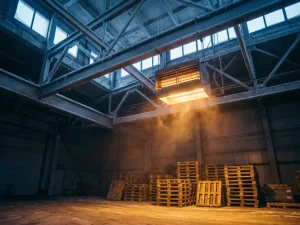 Vorst op stalen dakbalken van industrieel magazijn met gasgestookte luchtverwarmer en houten pallets op betonvloer.
