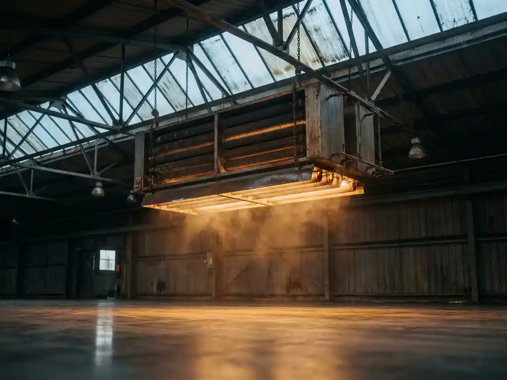Industriële gasluchtverwarmer aan het plafond van een groot magazijn, met warm amber licht op betonnen vloer en stalen dakspanten.