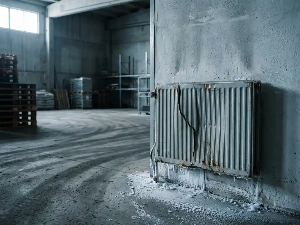 Gebarsten radiatorpaneel op betonnen magazijnmuur met rijp langs de onderkant en koude, schaduwrijke industriële ruimte op de achtergrond.