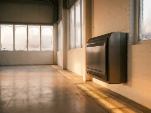 Warmtepomp op industriële muur in Nederlands magazijn, amber licht over betonvloer, berijpte ramen contrasteren met warme binnenlucht.